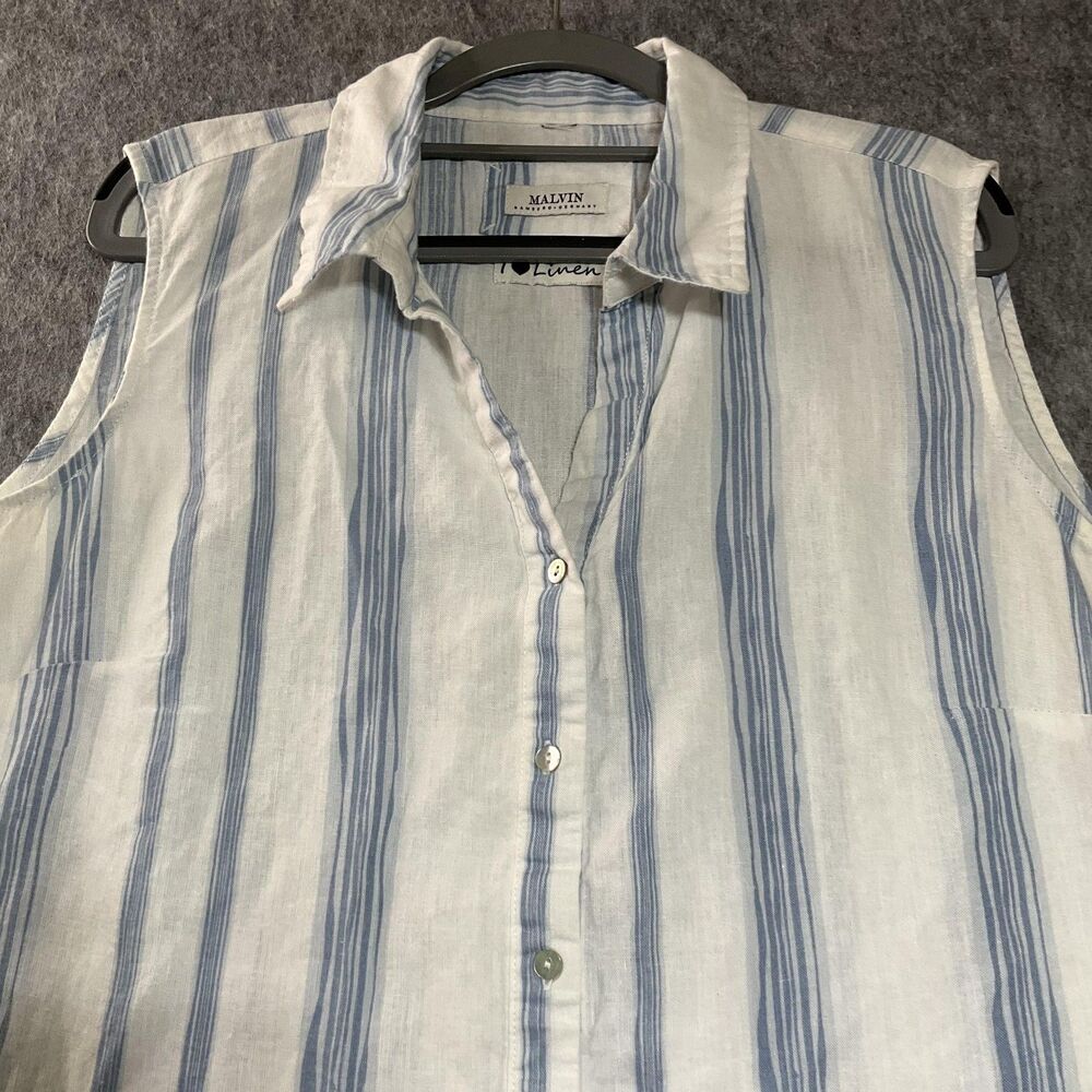 Malvin Shirt Dress Womens XL Blue White Striped Linen Blend Sleeveless Resort - Picture 2 of 12
